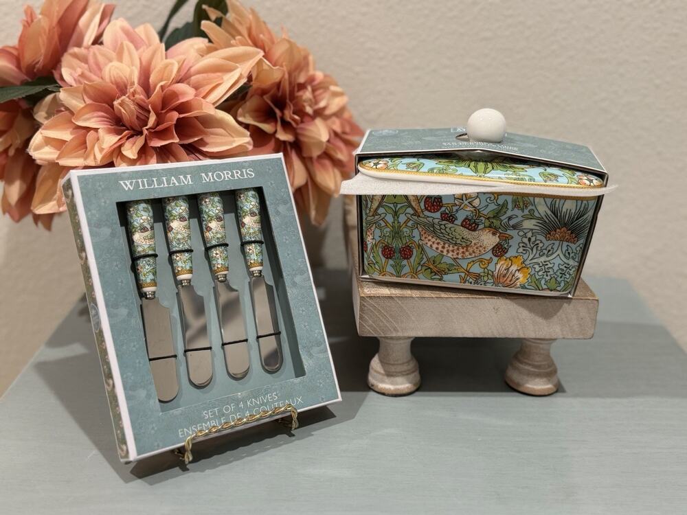 William Morris Strawberry Thief Butter Dish & Set-4 Knives Leonardo Collection